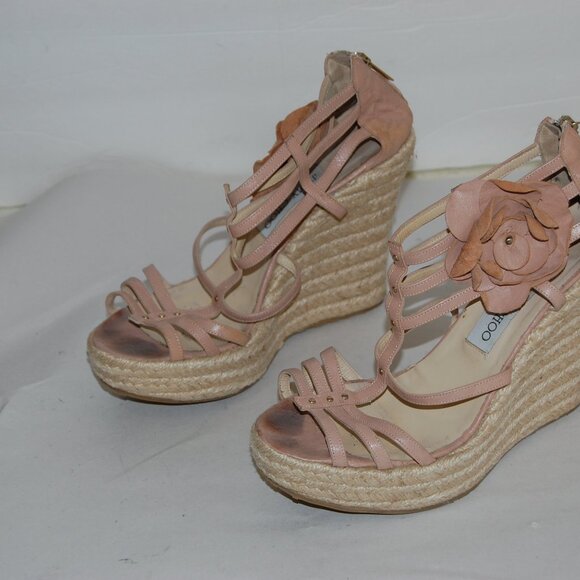 40/9❤️ JIMMY CHOO Nude Leather High Wedge Heels Flora Sandals BOOTS ITALY - Picture 4 of 10